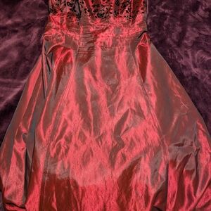 Red Satin Evening Dress with Floral Bodice
